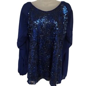 American Glamour Badgley Mischka Blue Sequin Back Blouse Medium Sheer Sleeve